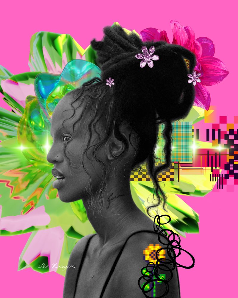 Graphic variation of La Couronne: the black-and-white profile on a bright pink background, framed by a burst of green and pink shapes, flowers and checked patterns.