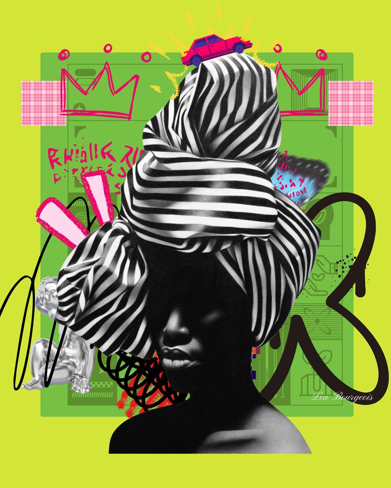 Graphic variation of La Femme: the black-and-white portrait set against an acid-green collage of crowns, madras patterns, graffiti and a small pink car.